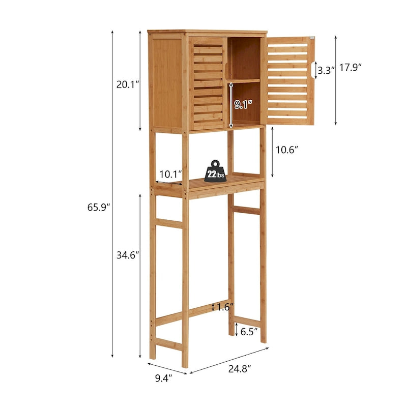 Bamboo Over-The-Toilet Organizer Cabinet, Bathroom Storage Shelf with Doors and Shelves Freestanding Space Saver