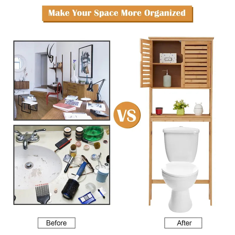 Bamboo Over-The-Toilet Organizer Cabinet, Bathroom Storage Shelf with Doors and Shelves Freestanding Space Saver