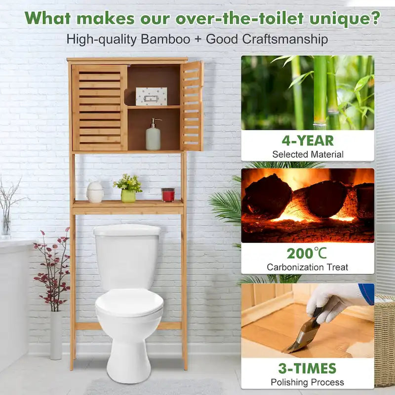 Bamboo Over-The-Toilet Organizer Cabinet, Bathroom Storage Shelf with Doors and Shelves Freestanding Space Saver