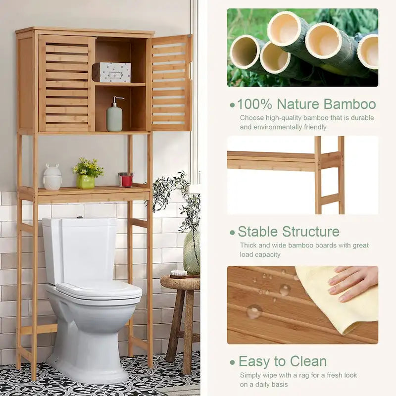 Bamboo Over-The-Toilet Organizer Cabinet, Bathroom Storage Shelf with Doors and Shelves Freestanding Space Saver