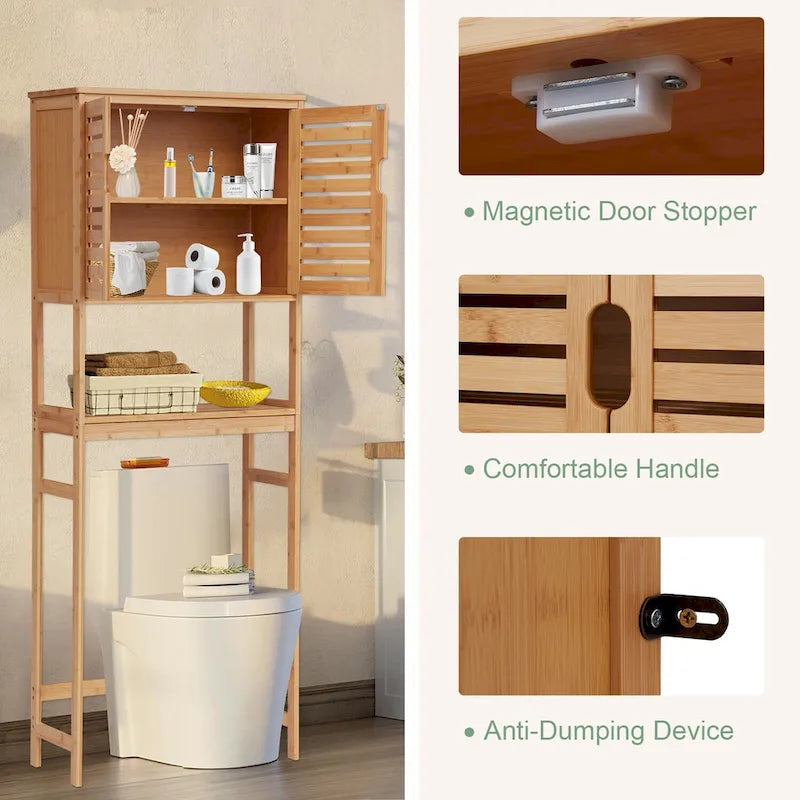 Bamboo Over-The-Toilet Organizer Cabinet, Bathroom Storage Shelf with Doors and Shelves Freestanding Space Saver