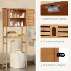 Bamboo Over-The-Toilet Organizer Cabinet, Bathroom Storage Shelf with Doors and Shelves Freestanding Space Saver