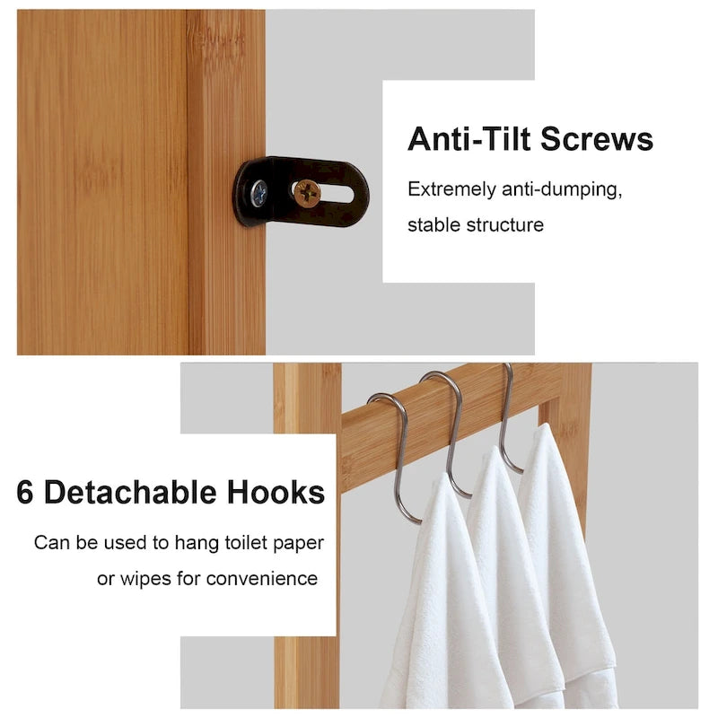 Bamboo Over-The-Toilet Organizer Cabinet, Bathroom Storage Shelf with Doors and Shelves Freestanding Space Saver