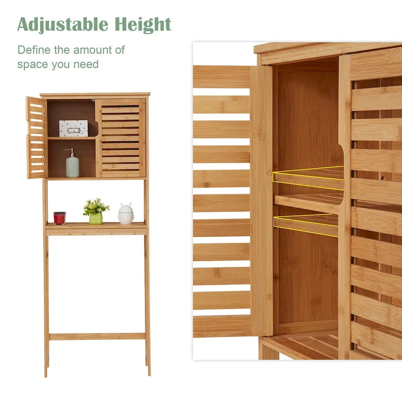 Bamboo Over-The-Toilet Organizer Cabinet, Bathroom Storage Shelf with Doors and Shelves Freestanding Space Saver