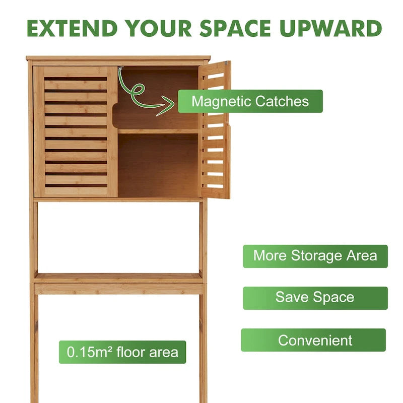 Bamboo Over-The-Toilet Organizer Cabinet, Bathroom Storage Shelf with Doors and Shelves Freestanding Space Saver