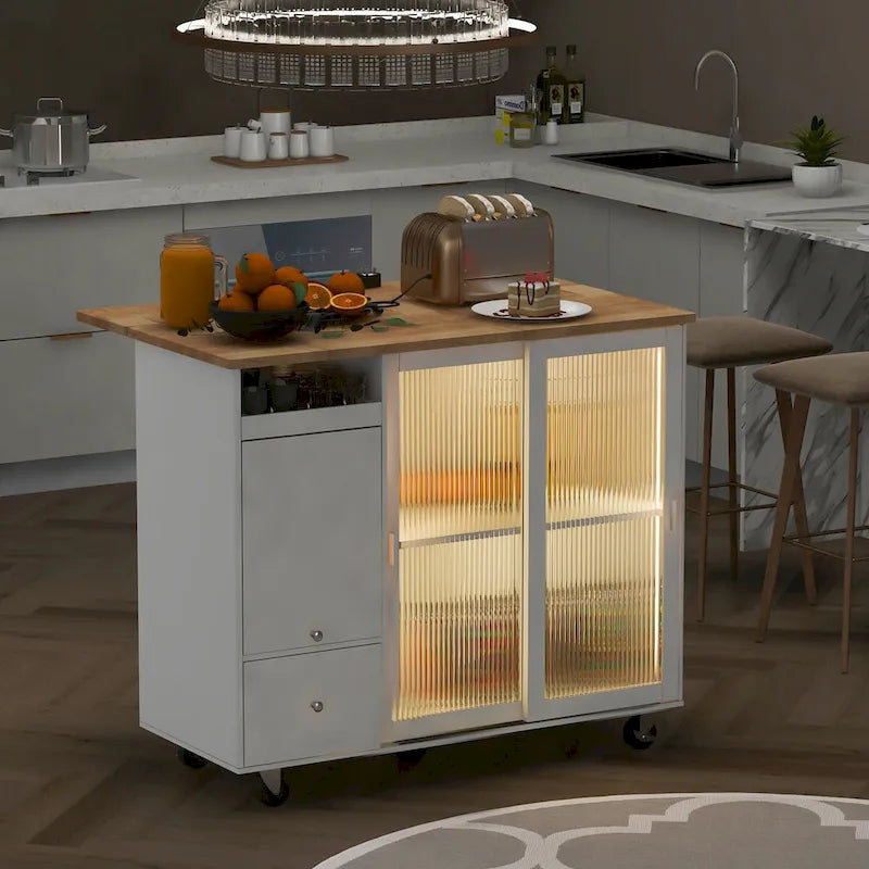 Kitchen Island with Drop Leaf, LED Light Kitchen Cart on Wheels