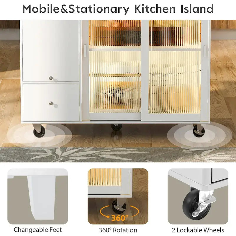 Kitchen Island with Drop Leaf, LED Light Kitchen Cart on Wheels