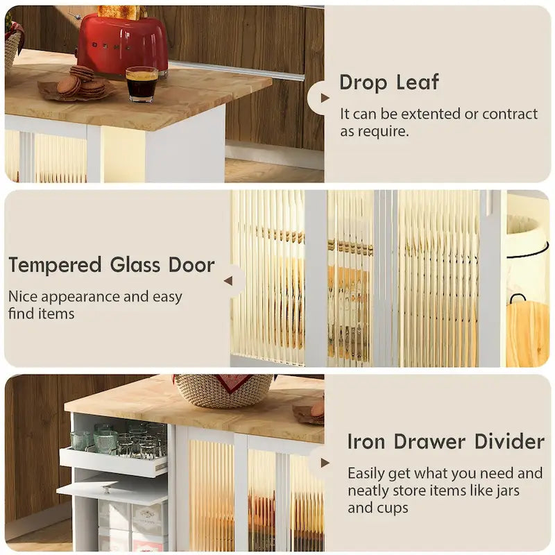 Kitchen Island with Drop Leaf, LED Light Kitchen Cart on Wheels