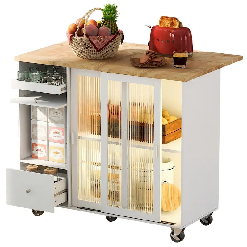 Kitchen Island with Drop Leaf, LED Light Kitchen Cart on Wheels