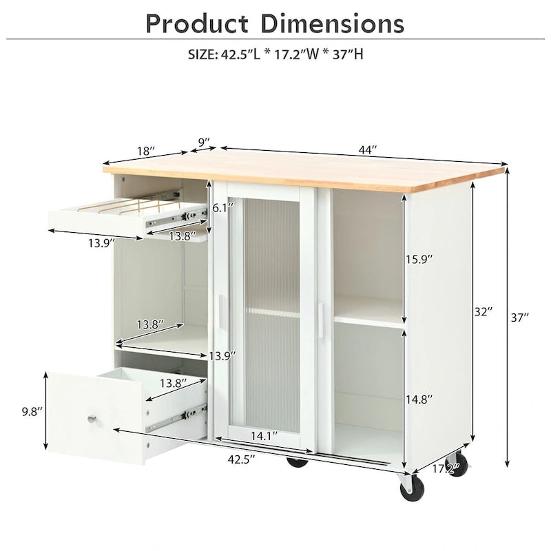 Kitchen Island with Drop Leaf, LED Light Kitchen Cart on Wheels