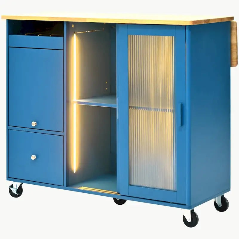Kitchen Island with Drop Leaf, LED Light Kitchen Cart on Wheels