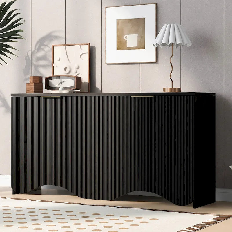 Vertical Stripes and Wavy Design of a Four-Door Cabinet Cabinet Suitable for Hallway, Entryway, Living Room