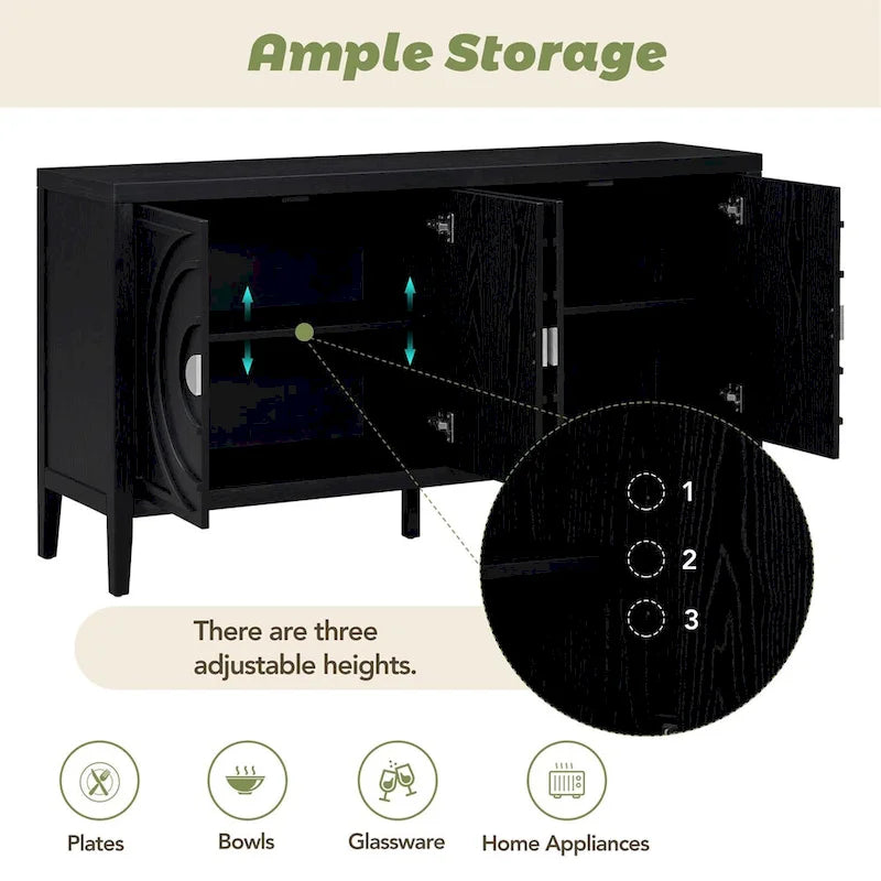 Retro Sideboard Door w/Circular Groove Design Round Metal Door Handle