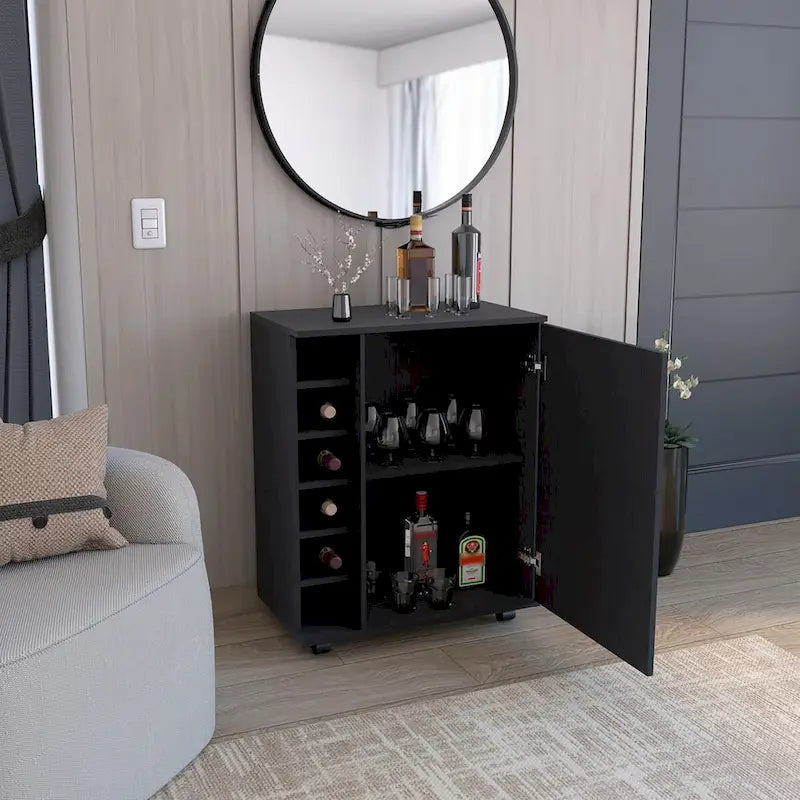 Bar Cart with Integrated Wine Storage,Spacious Cabinet and Smooth Rollers