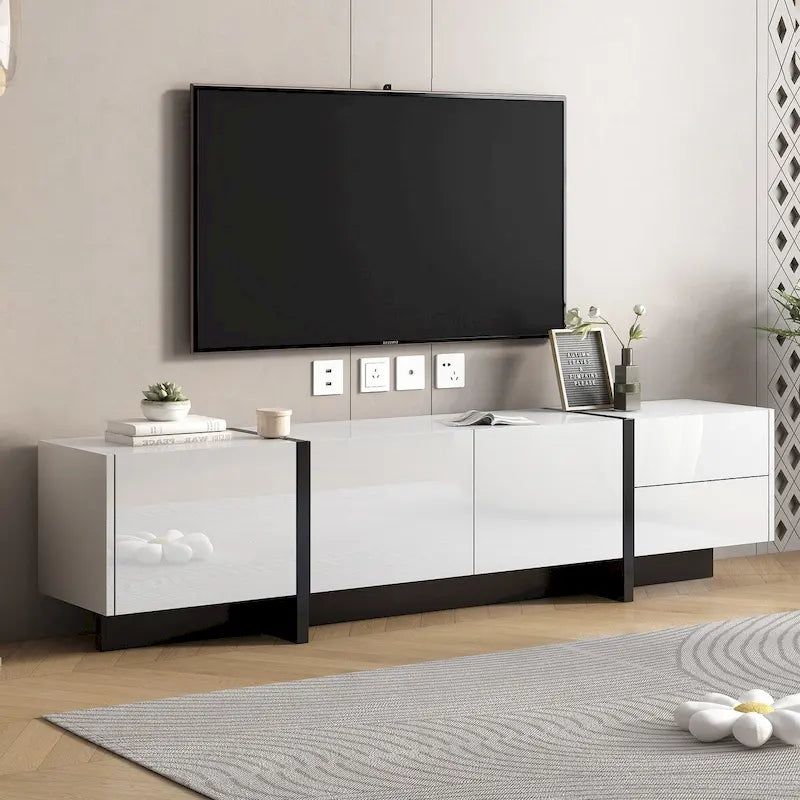 White & Black Contemporary Rectangle Design TV Stand - 74.8W x 13.7D x 17.7H