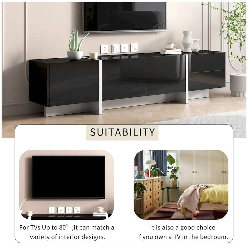 White & Black Contemporary Rectangle Design TV Stand - 74.8W x 13.7D x 17.7H