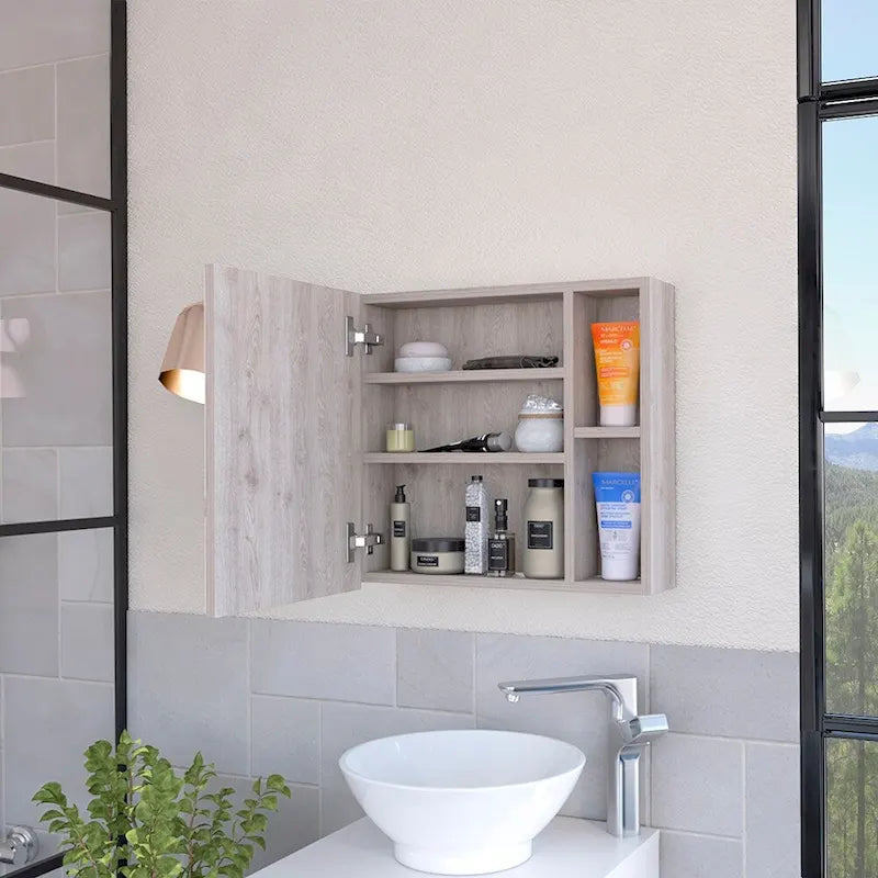 Medicine Cabinet, Three Internal Shelves, Single Door, Two External Shelves, Black Wengue Finish