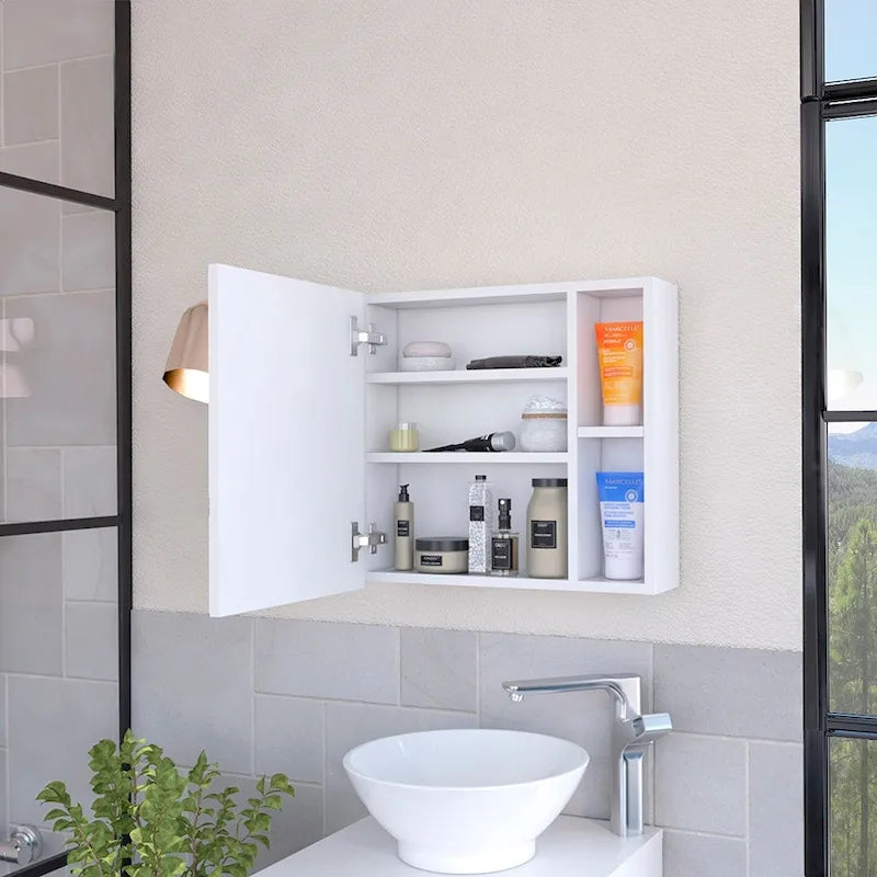 Medicine Cabinet, Three Internal Shelves, Single Door, Two External Shelves, Black Wengue Finish