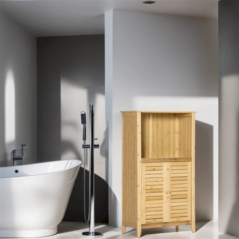 Anti-Toppling Bamboo Bathroom Floor Cabinet with Shelf and Footpad - N/A