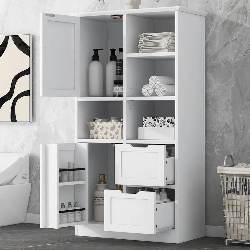 Bathroom Storage Cabinet with Doors and Drawers Multiple Storage Space Freestanding Style Open Shelve Adjustable Shelf White