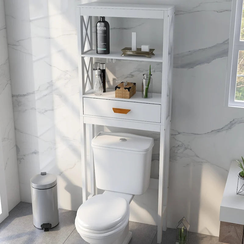 Over-the-Toilet Storage Cabinet White with one Drawer and 2 Shelves Space Saver Bathroom Rack