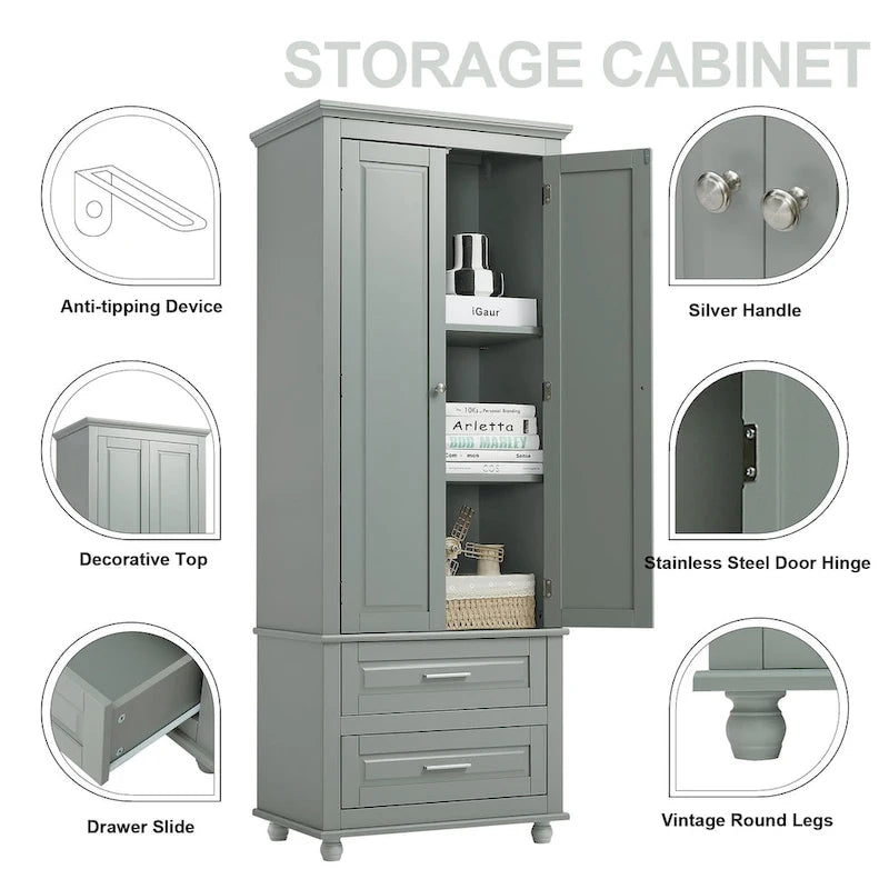 Tall Storage Cabinet with Two Drawers for Bathroom/Office, Grey