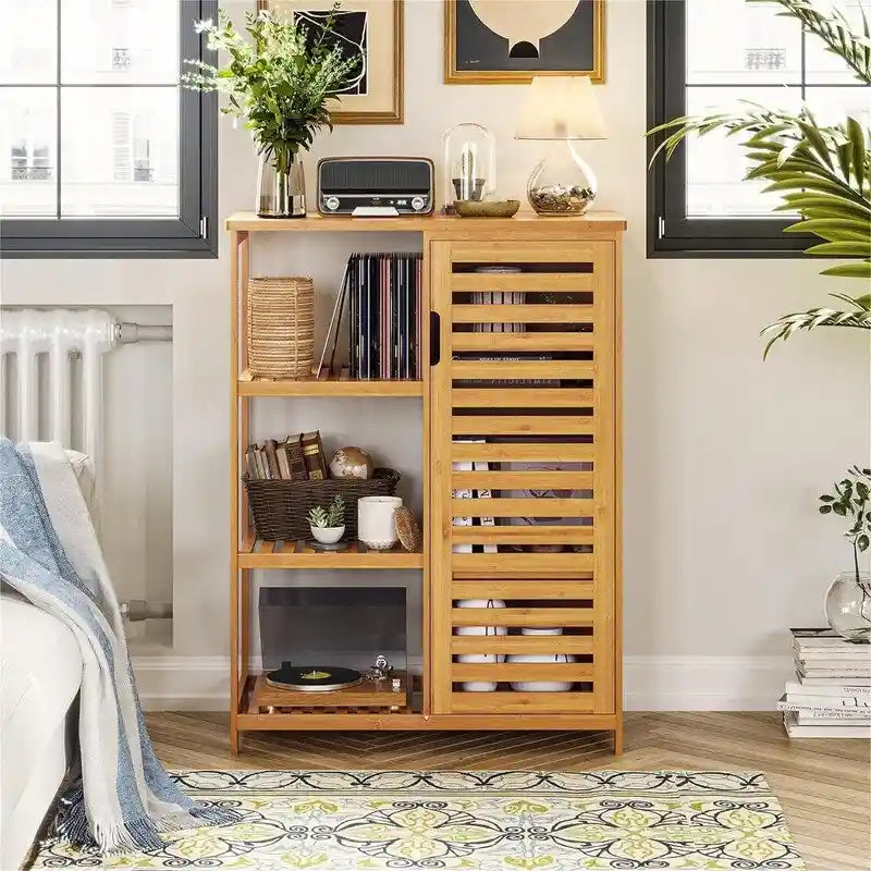 Bathroom Cabinet Bamboo Storage Cabinet with Doors and 3 Side Shelves - 6.3D x 14.4W x 36H