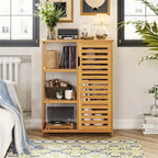 Bathroom Cabinet Bamboo Storage Cabinet with Doors and 3 Side Shelves - 6.3D x 14.4W x 36H