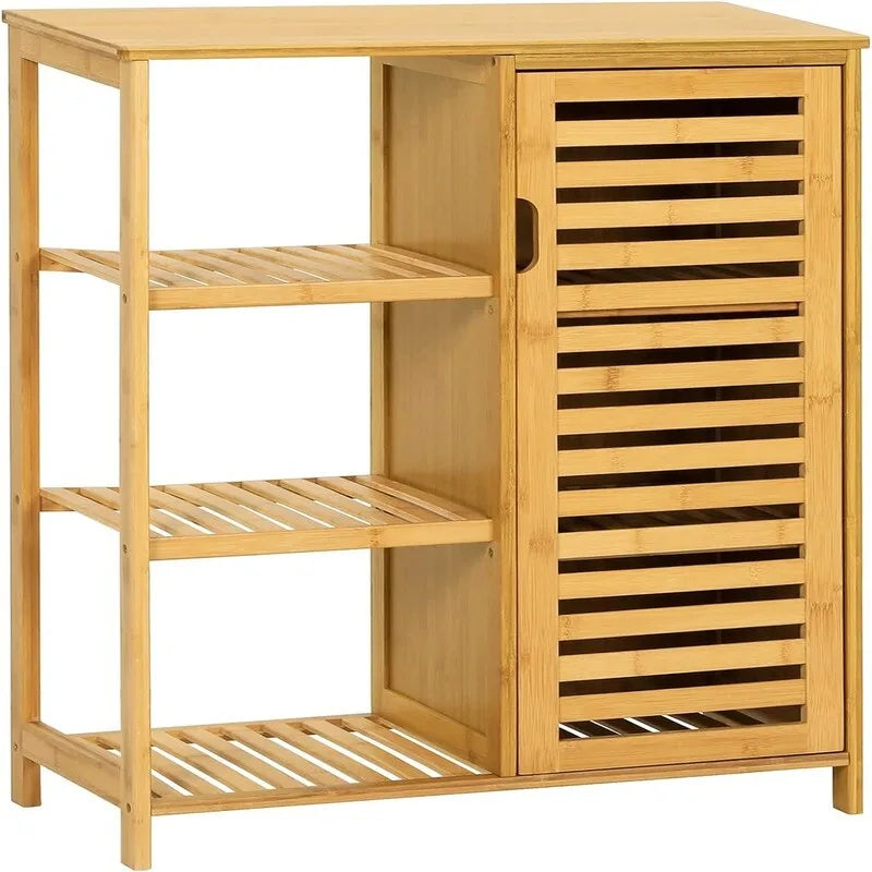 Bathroom Cabinet Bamboo Storage Cabinet with Doors and 3 Side Shelves - 6.3D x 14.4W x 36H