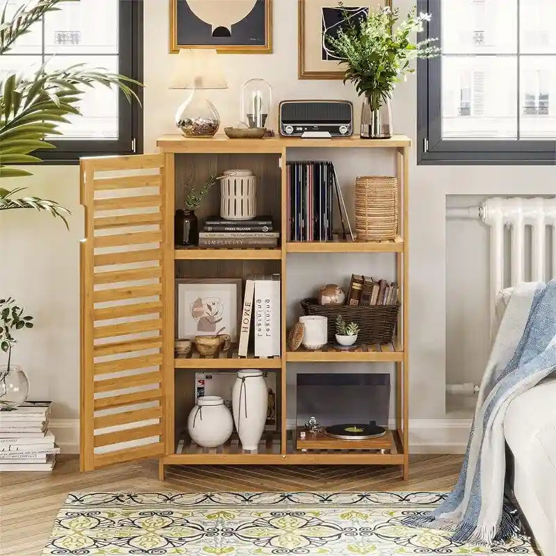 Bathroom Cabinet Bamboo Storage Cabinet with Doors and 3 Side Shelves - 6.3D x 14.4W x 36H