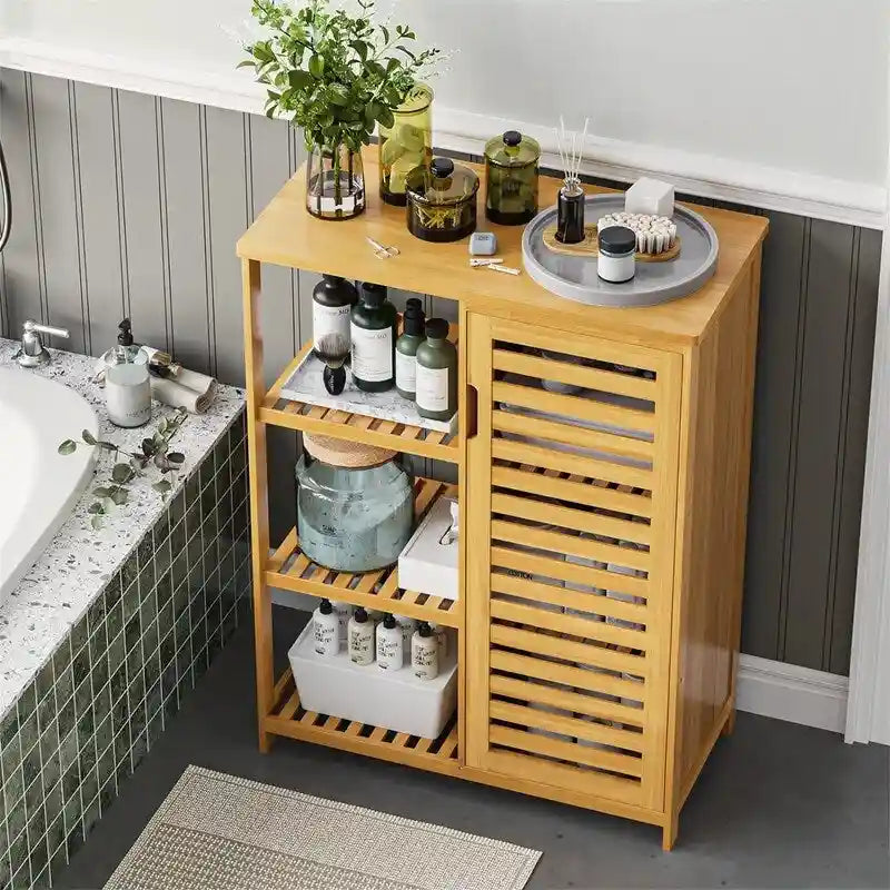 Bathroom Cabinet Bamboo Storage Cabinet with Doors and 3 Side Shelves - 6.3D x 14.4W x 36H